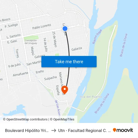 Boulevard Hipólito Yrigoyen, 451 to Utn - Facultad Regional C. Del Uruguay map