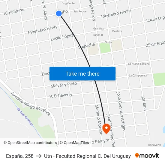 España, 258 to Utn - Facultad Regional C. Del Uruguay map