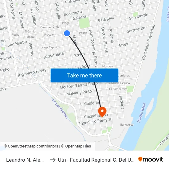 Leandro N. Alem, 51 to Utn - Facultad Regional C. Del Uruguay map