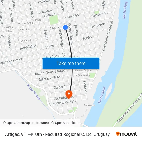 Artigas, 91 to Utn - Facultad Regional C. Del Uruguay map