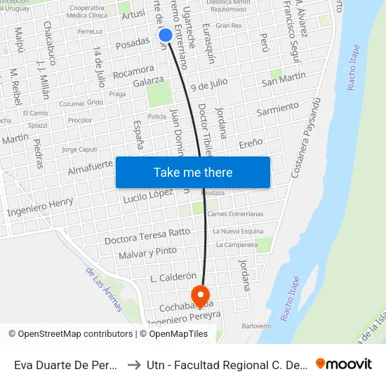 Eva Duarte De Perón, 204 to Utn - Facultad Regional C. Del Uruguay map