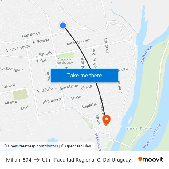 Millan, 894 to Utn - Facultad Regional C. Del Uruguay map