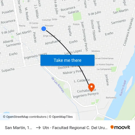 San Martín, 1051 to Utn - Facultad Regional C. Del Uruguay map