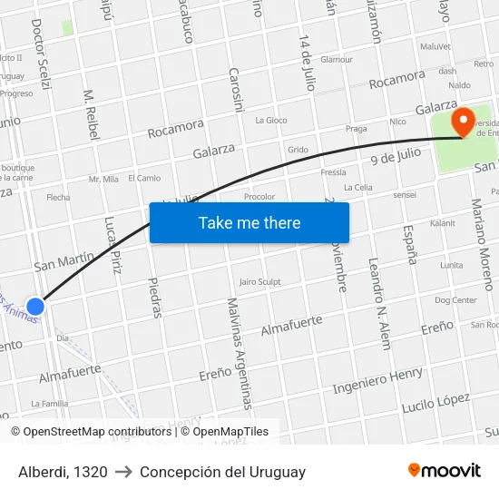 Alberdi, 1320 to Concepción del Uruguay map