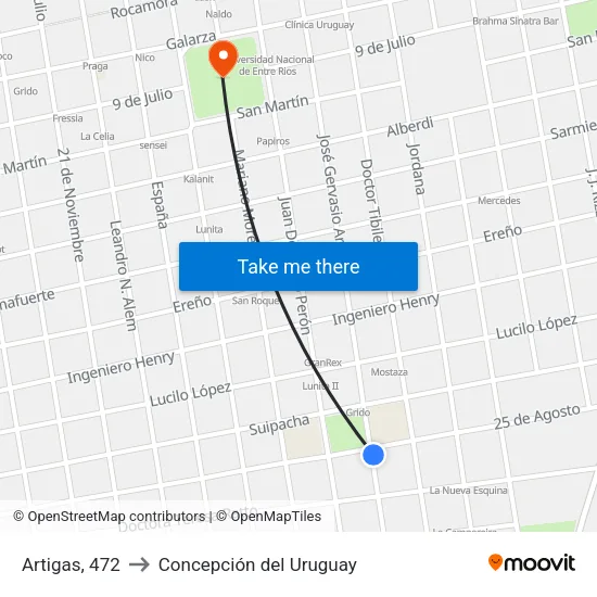 Artigas, 472 to Concepción del Uruguay map
