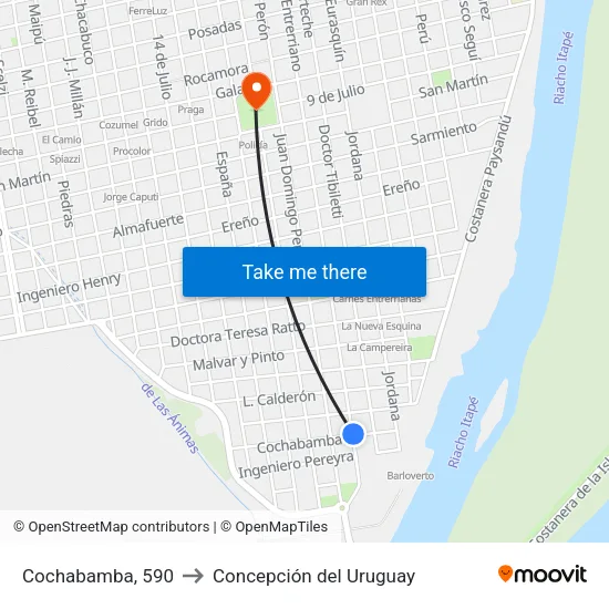 Cochabamba, 590 to Concepción del Uruguay map