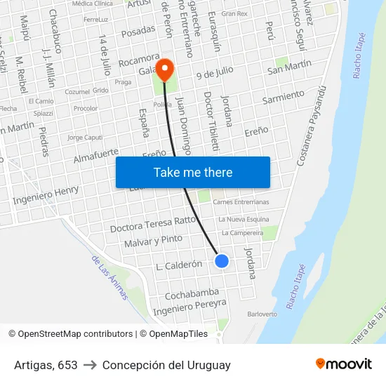 Artigas, 653 to Concepción del Uruguay map
