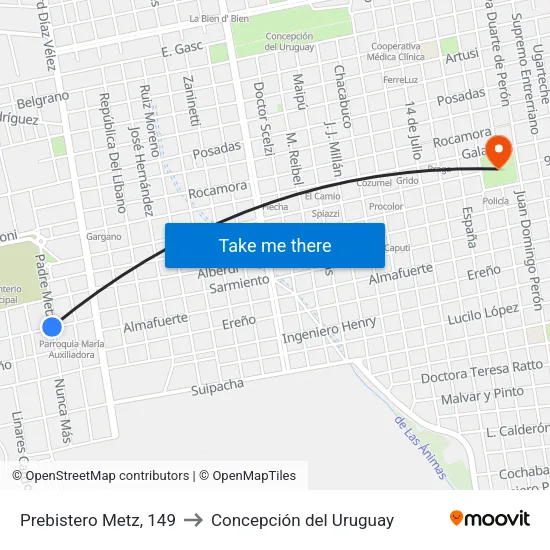 Prebistero Metz, 149 to Concepción del Uruguay map
