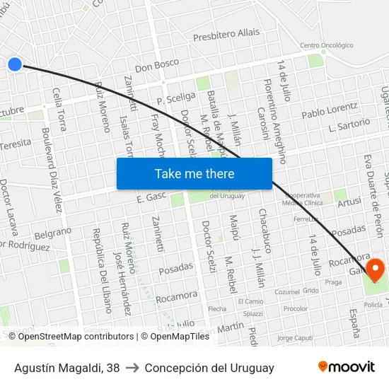 Agustín Magaldi, 38 to Concepción del Uruguay map