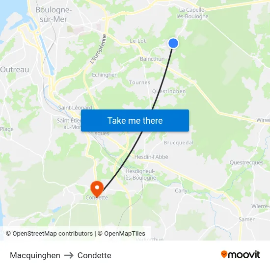 Macquinghen to Condette map