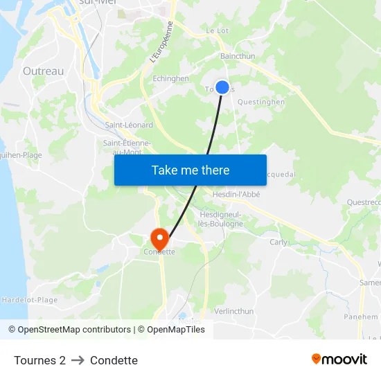 Tournes 2 to Condette map