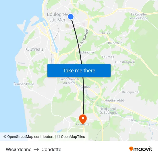 Wicardenne to Condette map