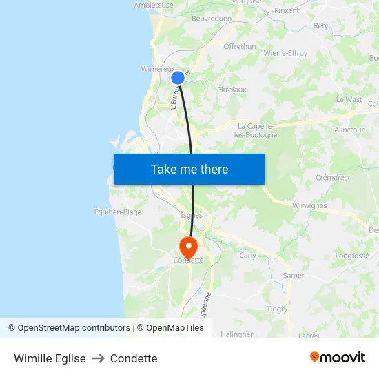 Wimille Eglise to Condette map