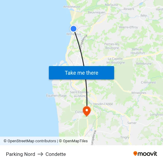 Parking Nord to Condette map