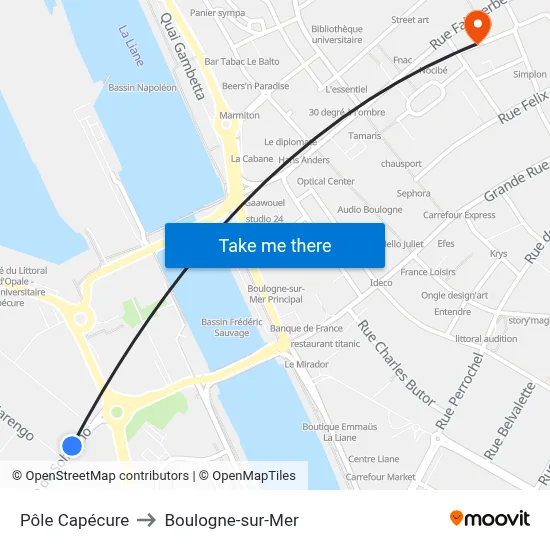 Pôle Capécure to Boulogne-sur-Mer map
