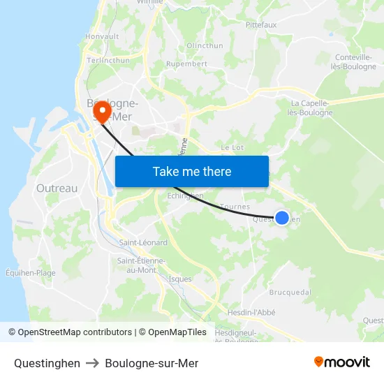 Questinghen to Boulogne-sur-Mer map