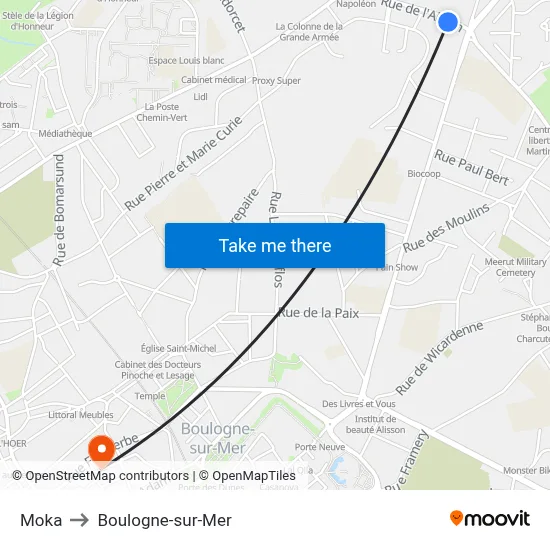 Moka to Boulogne-sur-Mer map