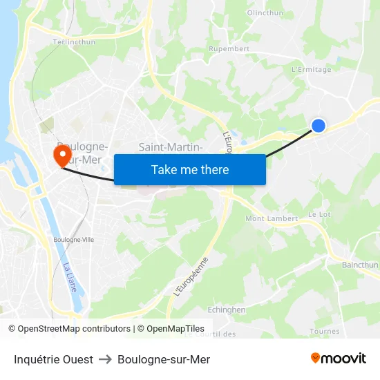 Inquétrie Ouest to Boulogne-sur-Mer map