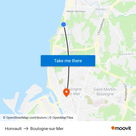 Honvault to Boulogne-sur-Mer map