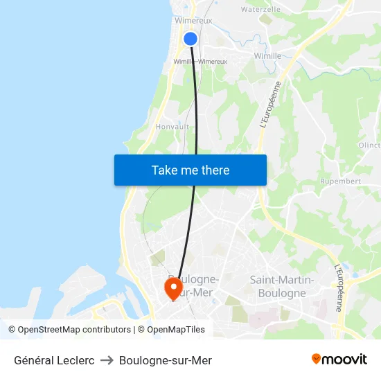 Général Leclerc to Boulogne-sur-Mer map