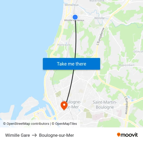 Wimille Gare to Boulogne-sur-Mer map