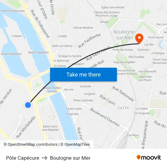Pôle Capécure to Boulogne sur Mer map