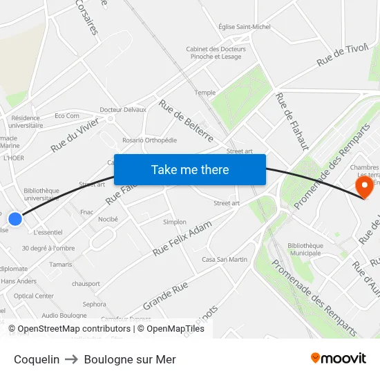 Coquelin to Boulogne sur Mer map