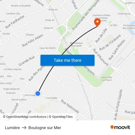 Lumière to Boulogne sur Mer map