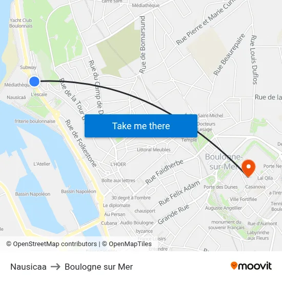 Nausicaa to Boulogne sur Mer map