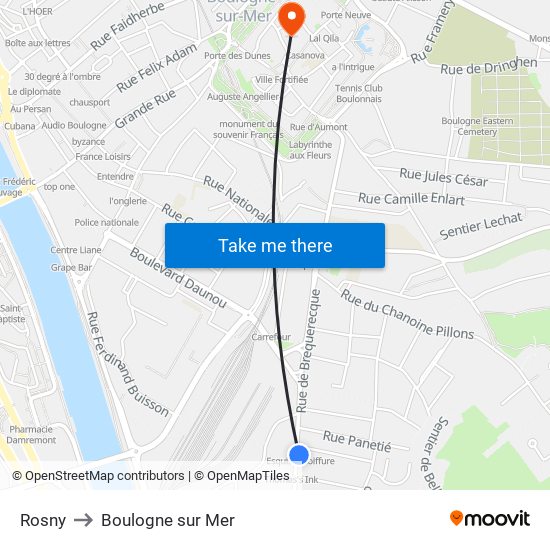 Rosny to Boulogne sur Mer map