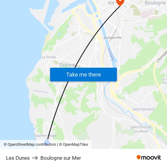 Les Dunes to Boulogne sur Mer map