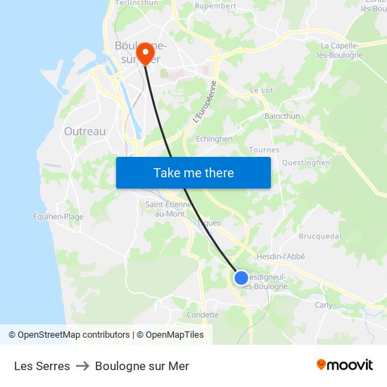 Les Serres to Boulogne sur Mer map