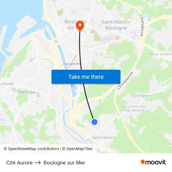 Cité Aurore to Boulogne sur Mer map