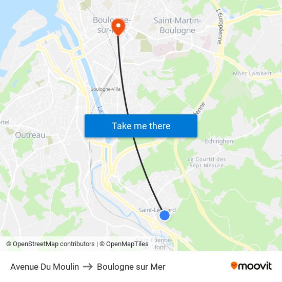 Avenue Du Moulin to Boulogne sur Mer map