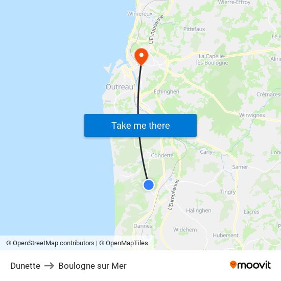 Dunette to Boulogne sur Mer map