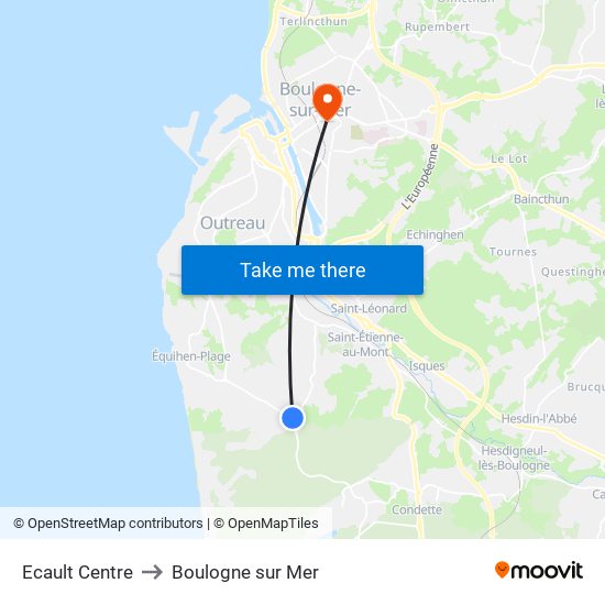 Ecault Centre to Boulogne sur Mer map