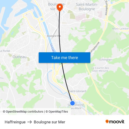Haffreingue to Boulogne sur Mer map