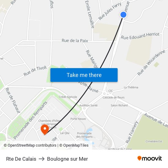 Rte De Calais to Boulogne sur Mer map