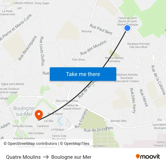 Quatre Moulins to Boulogne sur Mer map