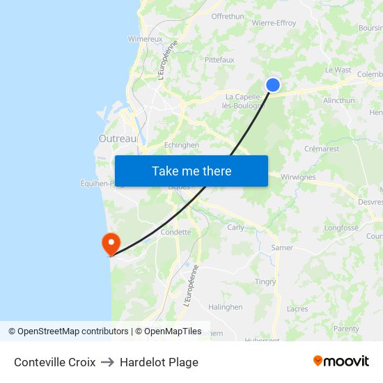 Conteville Croix to Hardelot Plage map
