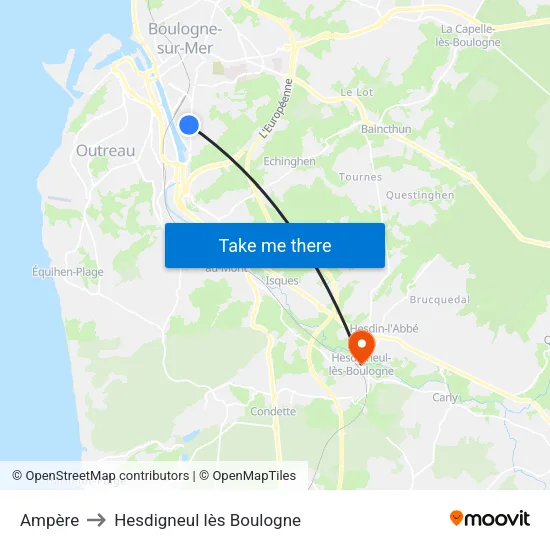 Ampère to Hesdigneul lès Boulogne map