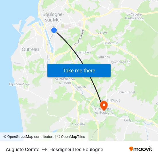 Auguste Comte to Hesdigneul lès Boulogne map