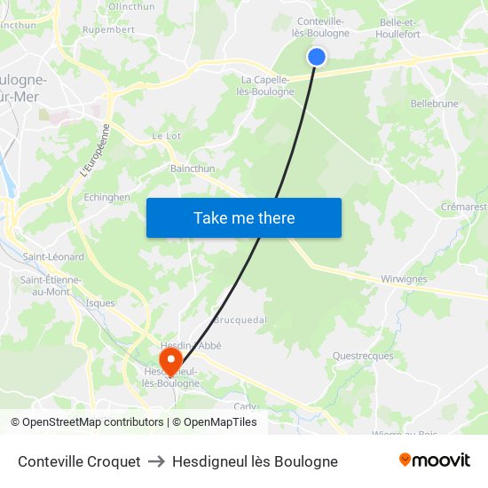 Conteville Croquet to Hesdigneul lès Boulogne map