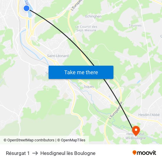 Résurgat 1 to Hesdigneul lès Boulogne map