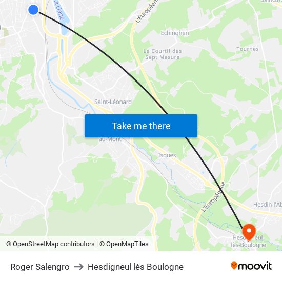 Roger Salengro to Hesdigneul lès Boulogne map