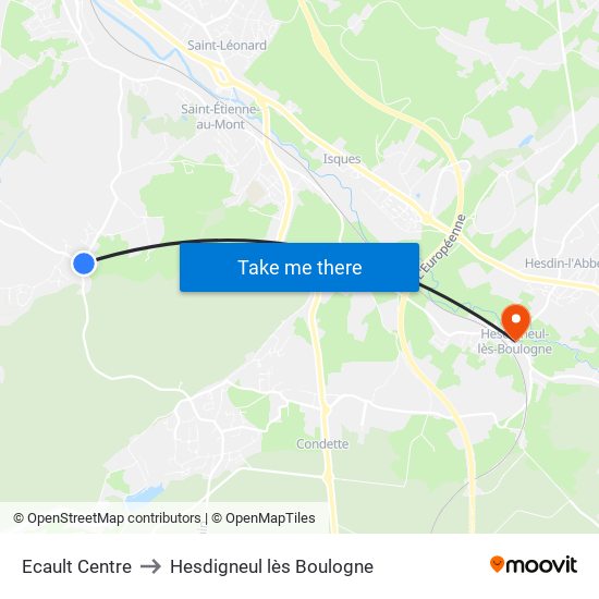 Ecault Centre to Hesdigneul lès Boulogne map