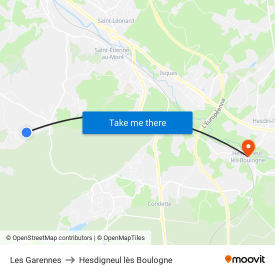 Les Garennes to Hesdigneul lès Boulogne map