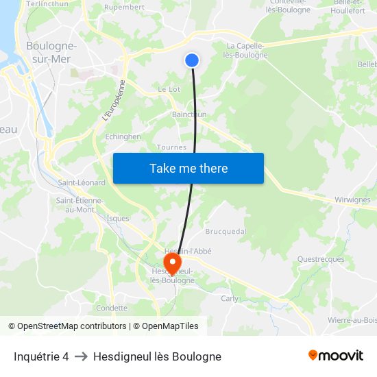 Inquétrie 4 to Hesdigneul lès Boulogne map