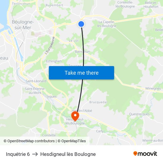 Inquétrie 6 to Hesdigneul lès Boulogne map