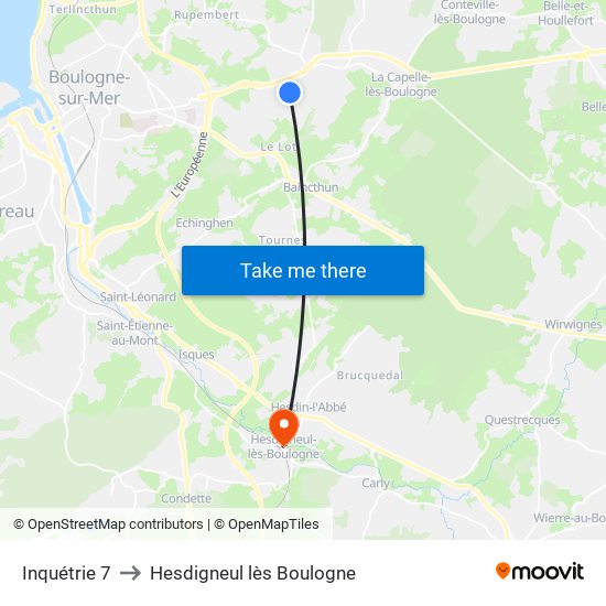 Inquétrie 7 to Hesdigneul lès Boulogne map